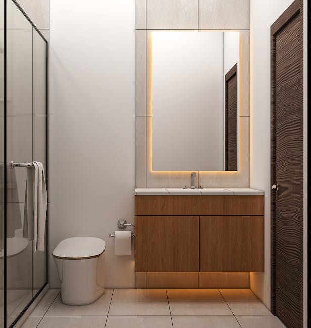 Elegant modern bathroom with wood accents and illuminated mirror for sleek decor.